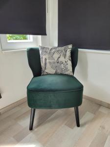 弗朗科尔尚La Maison des Roses的客房内的带枕头的绿椅