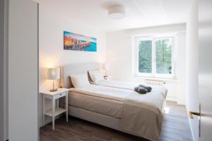 韦齐孔Moderne & helle Wohnung mit Netflix & Bergsicht的白色的卧室设有床和窗户