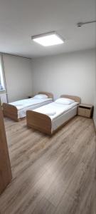 克雷廷加Trevena Kretinga的大客房铺有木地板,配有两张床。