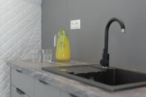 Dolný KamenecGlamping Resort的水槽,玻璃杯旁放有一瓶橙汁