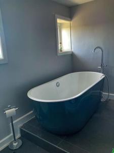 卡纳芬Bryn Mair cottage overlooking Snowdon的浴室设有蓝色和白色的浴缸。