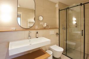 伊佐拉Dolcemente Garni Hotel Superior的一间带水槽、卫生间和镜子的浴室