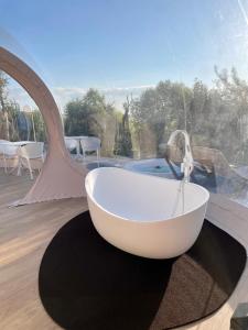 马泰拉Tenuta Danesi & Bubble Rooms的靠窗的地毯上的浴缸