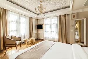 伊斯坦布尔Sakine Hanim Mansion的一间卧室配有一张大床和一个吊灯。