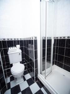 恩尼斯克朗Ceol na Mara Guest House的黑白浴室设有卫生间和淋浴。