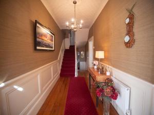 恩尼斯克朗Ceol na Mara Guest House的走廊上铺有红地毯,楼梯上设有时钟