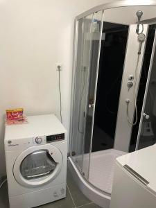 纽伦堡Hostel Sofia的洗衣机以及带淋浴的浴室。