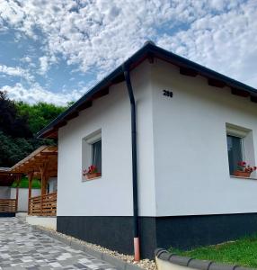 MátraterenyeWhite Luxury Cottage- Mátrai Vadászház 4的白色的建筑,设有两扇窗户和蓝色的屋顶