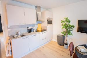 鹿特丹Exquisite 3 Bedroom Apartment的厨房配有白色橱柜和水槽