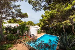 卡拉莫若尔Villa Menorca Ses Roques Vermelles by Mauter Villas的一座种有树木和鲜花的庭院内的游泳池
