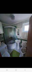 扎布利亚克Wolf Apartment的一间带两个卫生间、淋浴和盥洗盆的浴室