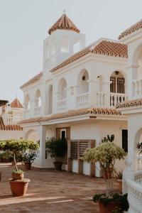 阿尔加罗沃Vimar Algarrobo Costa的前面有盆栽植物的大白色建筑