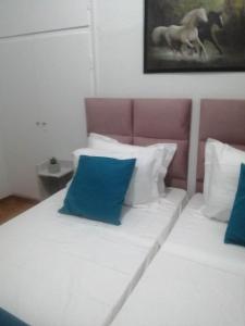 阿尔戈斯托利翁Argostoli Elia's Maisonette的一张带蓝色和白色枕头的床