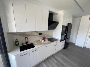 奥伦塞LA Lujuria的厨房配有白色橱柜和黑色冰箱。