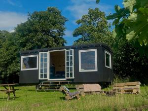 SkibbyCozy Tiny House on a farm的田野拖车上的一个小房子