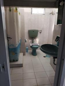 伊利达Kea Guesthouse的浴室配有绿色卫生间和水槽。