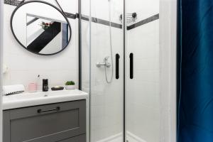 利布尔讷- Le P'tit nid -的带淋浴、盥洗盆和镜子的浴室