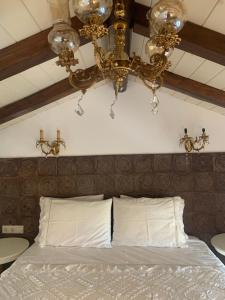 圣尼古拉奥斯ST NIKOLA PANORAMIC SUITES HALKIDIKI的一间卧室配有一张带吊灯的床