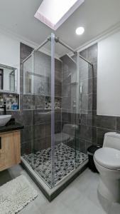 圣罗莎德卡瓦尔Apto lujo con jacuzzi y parqueadero piso 4的带淋浴、卫生间和盥洗盆的浴室