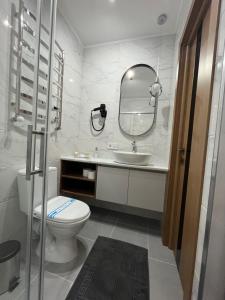 斯科列Гірський Кришталь的一间带卫生间、水槽和镜子的浴室
