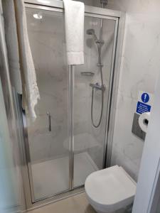 伦敦Homefield Lodge的带淋浴和卫生间的浴室