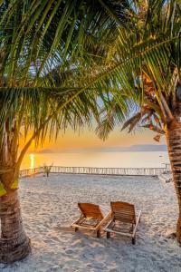 龙目岛库塔Inlight Lombok Beach Hotel的海滩上棕榈树下的两把沙滩椅