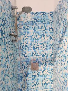 Santa Maria della Versa[Oltrepo'] Dimora nei vigneti vicino a Ics Maugeri的浴室的墙壁上设有蓝色瓷砖和淋浴。