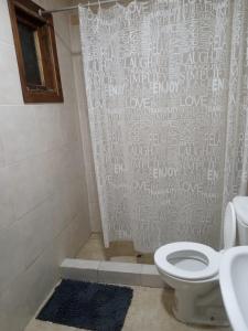 克曼丹特鲁斯皮耶德拉布纳Cabaña La Guanaca的带淋浴帘和卫生间的浴室