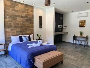 瓜达鲁佩镇Antia Valle de Guadalupe的一间卧室设有蓝色的床和砖墙