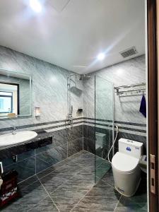 下龙湾Swan Motel的带淋浴、卫生间和盥洗盆的浴室
