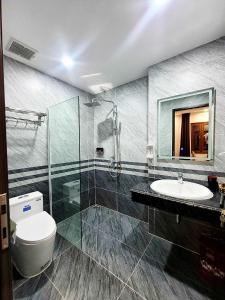 下龙湾Swan Motel的一间带卫生间、水槽和镜子的浴室