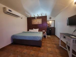 卡兰古特Calangute By Goa Journey的一间卧室配有一张床、一张书桌和一台电视