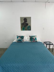 科隆Panama Dive Adventure的一间卧室配有一张带蓝色毯子的床