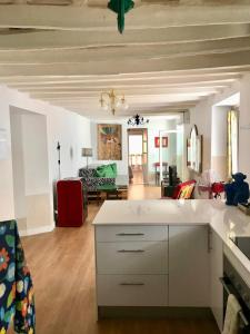 加的斯Apartamentos La Selva的厨房以及带白色台面的客厅。