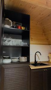 巴统Sun House的厨房设有水槽和带板的架子