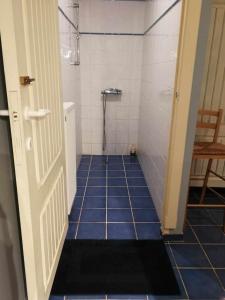 AndenneMégi des Aguesses的带淋浴的浴室和蓝色瓷砖地板。