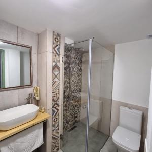 埃里温River House Boutique Hotel的带淋浴、卫生间和盥洗盆的浴室