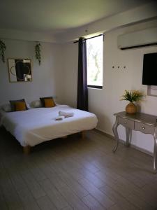 内坦亚普雷格海滩Q村酒店的一间卧室配有一张床、一张桌子和一个窗户。