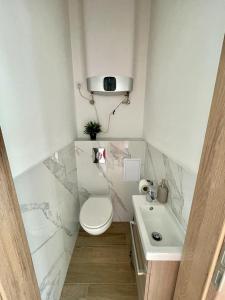 布达佩斯Home R1274 #freeparking的白色的浴室设有卫生间和水槽。