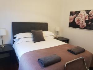 弗里曼特Leisurely Manor - spacious three bedroom home in Fremantle的一间卧室配有一张大床和两个枕头