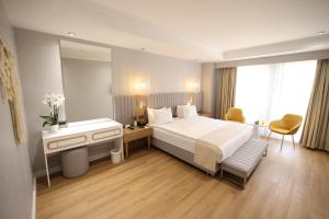 伊斯坦布尔Nova Plaza Prime Hotel的一间卧室配有一张床、一张书桌和一面镜子
