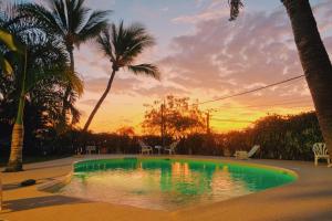 圣勒LES PECHEURS DU LAGON的一座棕榈树和日落的小游泳池