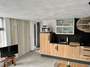 海边的艾格蒙特HuisjehurenEgmond的一个带木制橱柜的厨房和一台电视机
