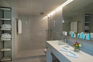 卢塞恩阿斯托里亚酒店的一间带水槽、淋浴和镜子的浴室