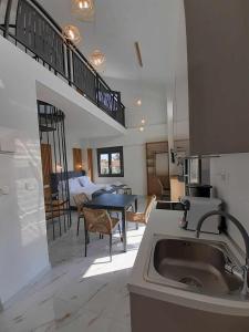 尼基季ACTA Luxury Rooms的带水槽的厨房和1间带1张床的客厅