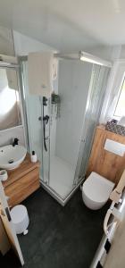 克鲁塞沃Mobile home Luka的带淋浴、卫生间和盥洗盆的浴室