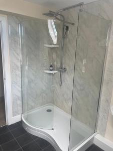 伍勒Glen Cottage 8 Fenton Hill Farm的浴室里设有玻璃门淋浴