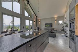 弗赖翁Chalet Panorama的一个带两个水槽的厨房和一间客厅