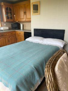 ClachanMusic of the Sea- Isle of South Uist, HS8 5RF的一间卧室配有一张带蓝色毯子的床