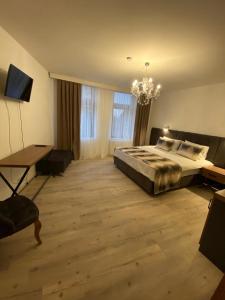 奥伯豪森Ferienwohnung&Aparts By kispet group hotels in Oberhausen的一间卧室配有一张床、一张书桌和一台电视